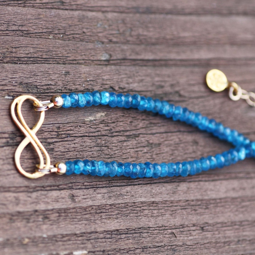 Handmade Neon Blue Mined Apatite Bracelet Infinity Design 14k Gold Filled
